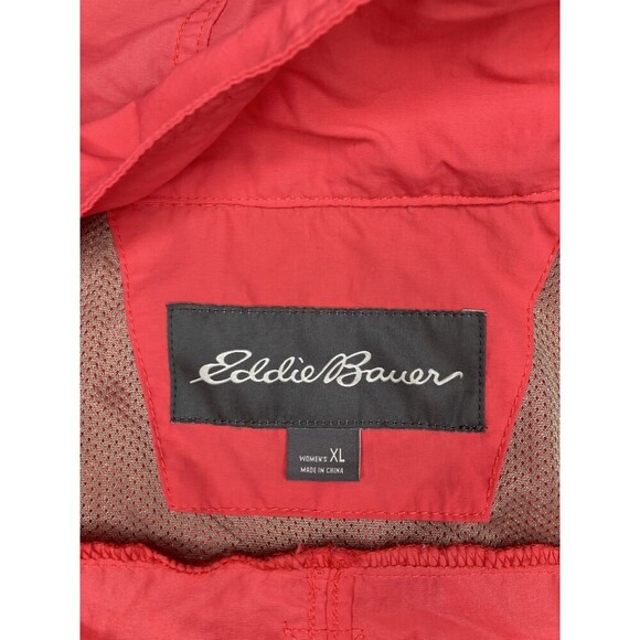 Eddie Bauer Rain Jacket Women XL Red Hooded Long Sleeve Pockets Zip Snap Front - Picture 2 of 6
